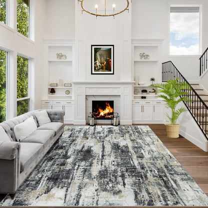 8x10 Area Rugs for Living Room: Washable Abstract Black Grey Gold Carpet