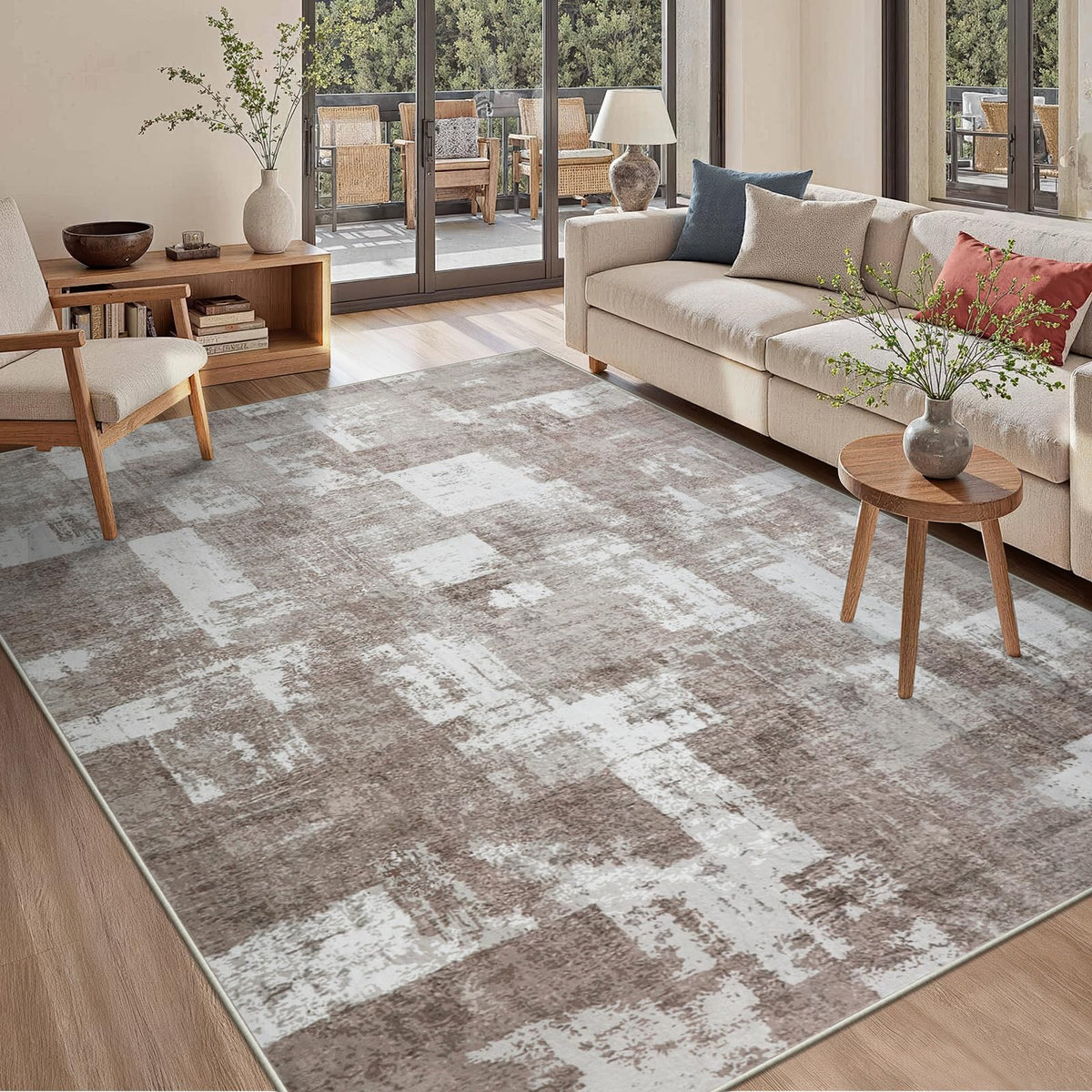 famibay 5x8 Area Rug, Abstract Washable Rugs for Living Room Low Pile Neutral Area Rug for Bedroom Aesthetic Non Slip Rubber Backed Carpet Rugs for Living Room Bedroom Dining Room(Beige/Camel)