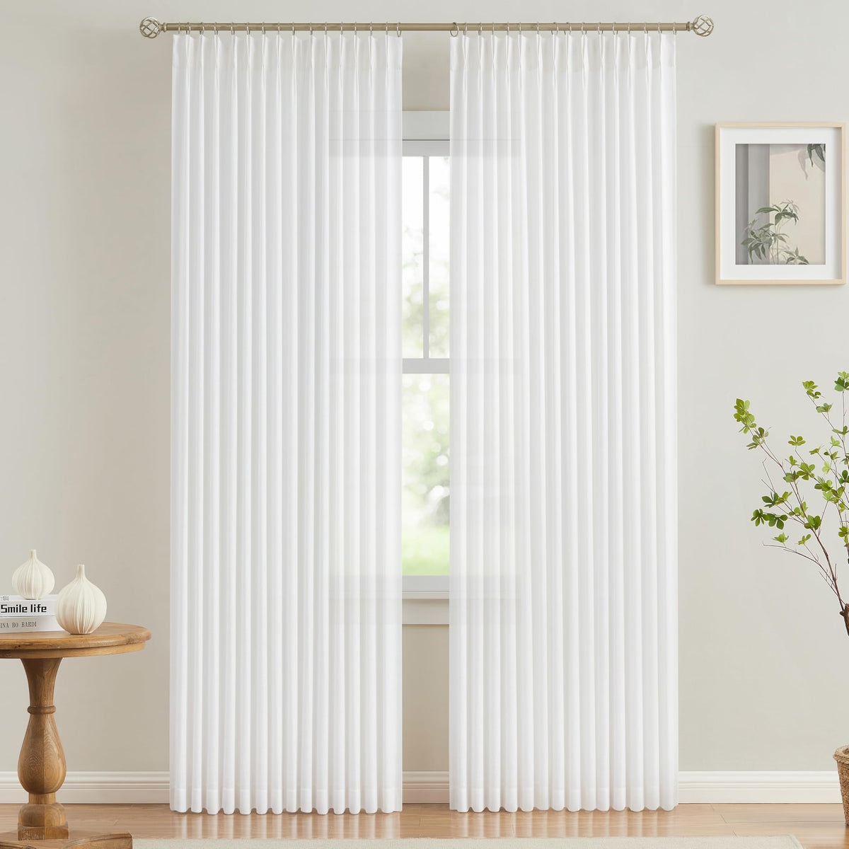 Vision Home Natural Linen Pinch Pleated Semi Sheer Curtains 42Wx90Lx2
