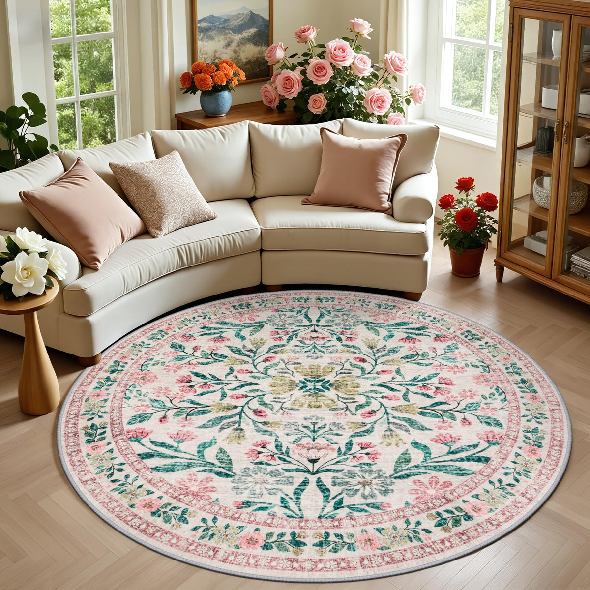 PLHXFR 8x10 Area Rug Living Room: Floral Washable Boho Carpet Dark Green