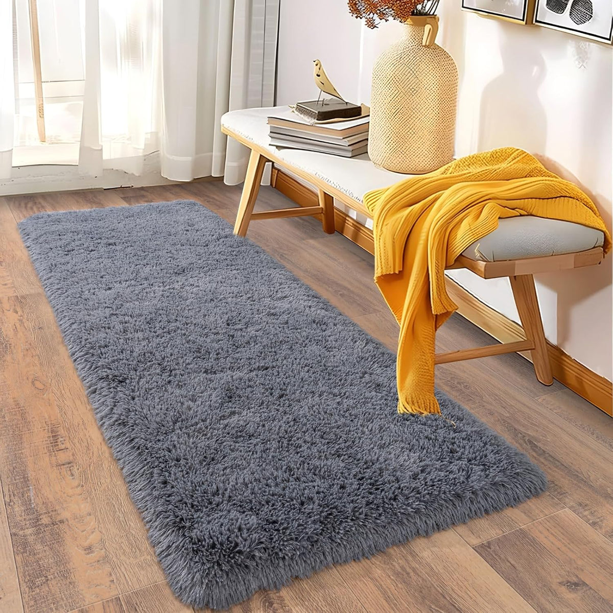 Ultra Soft Runner Rugs for Bedroom Hallways with Upgraded Non-Slip Rubber Backing & Thick Memory Sponge, 2x6 Feet Fluffy Shag Throw Area Rug for Bedside Dorm Dark Grey