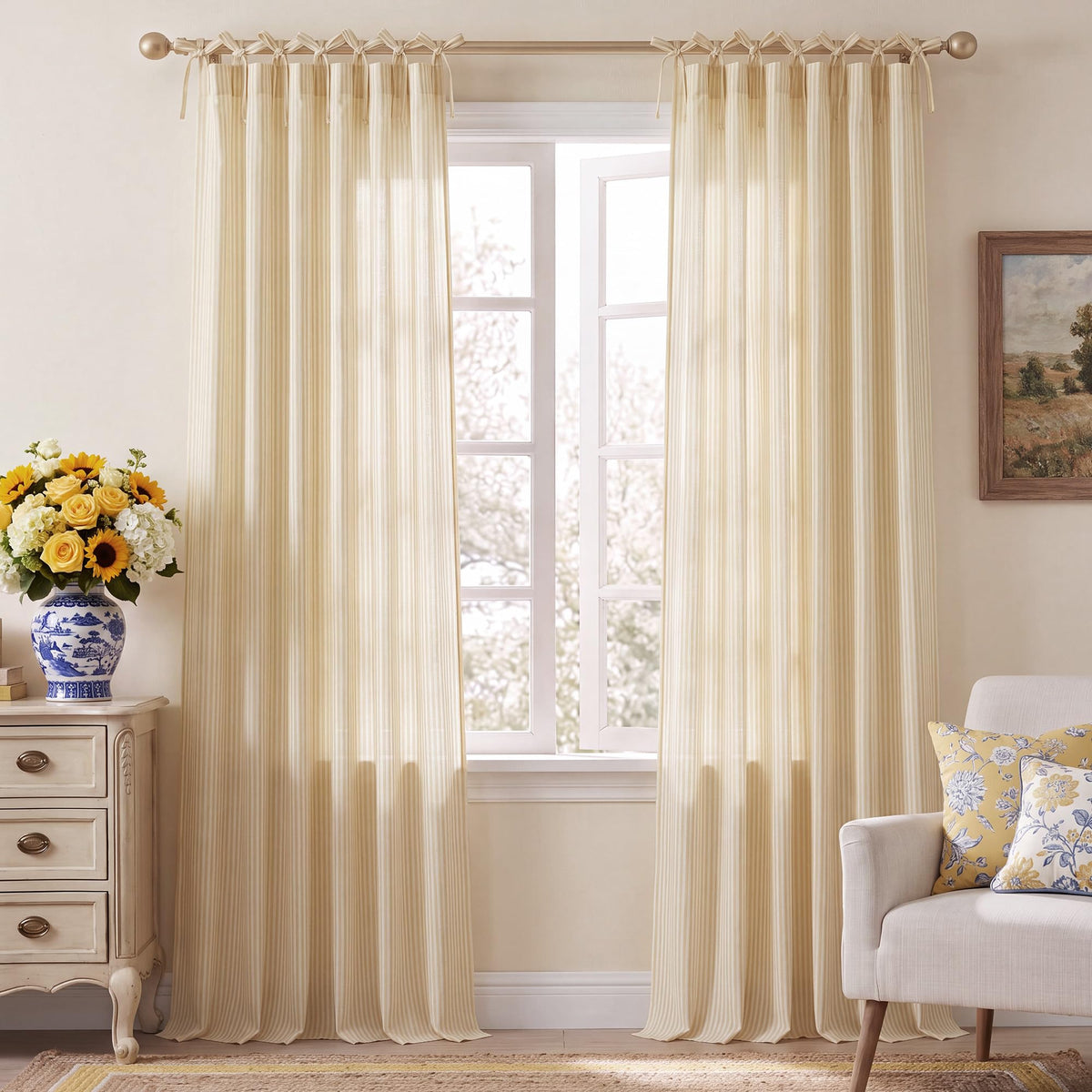NICETOWN Thick Linen Curtains 84 inch Length 2 Panels Set, Tie Top Light Filtering Curtains Semitransparent Linen Burlap Drapes Privacy for Bedroom/Princess Room, W52 x L84, Natural