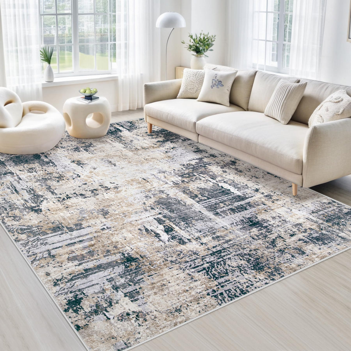 Area Rugs 8x10 Living Room: Washable Rug Modern Abstract Large Rugs Soft Non Slip Neutral Rug Stain Resistant Indoor Carpet for Bedroom Kitchen Dining Room Table Nursery Home Office Rugs(Beige,8'x10')