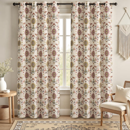 Boho Floral 100% Blackout Curtains 84 Inch 2 Panels Linen Texture