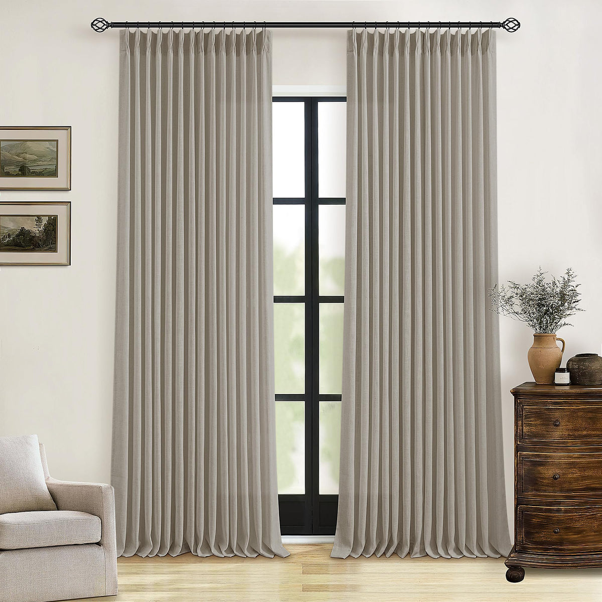 TWODRAPES Natural Pinch Pleated Linen Semi Sheer 84 Inch Curtains 2 Panels