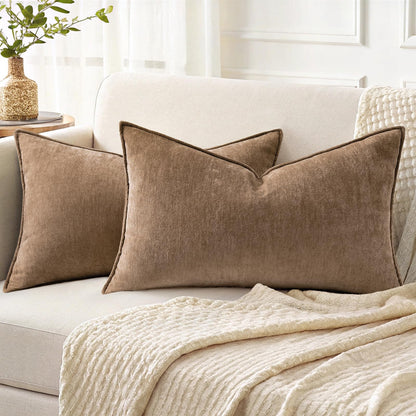 decorUhome Chenille Beige Velvet Throw Pillow Covers 18x18 Set of 2