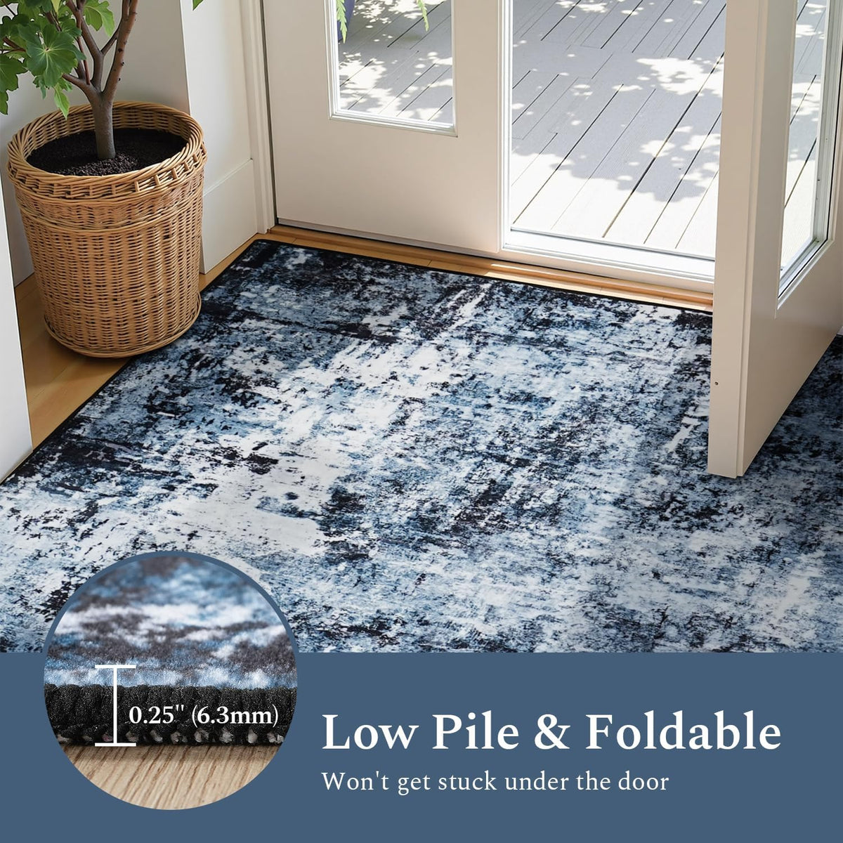 Rugflix 8x10 Area Rug for Living Room, Washable Navy Blue Dark Black Carpet