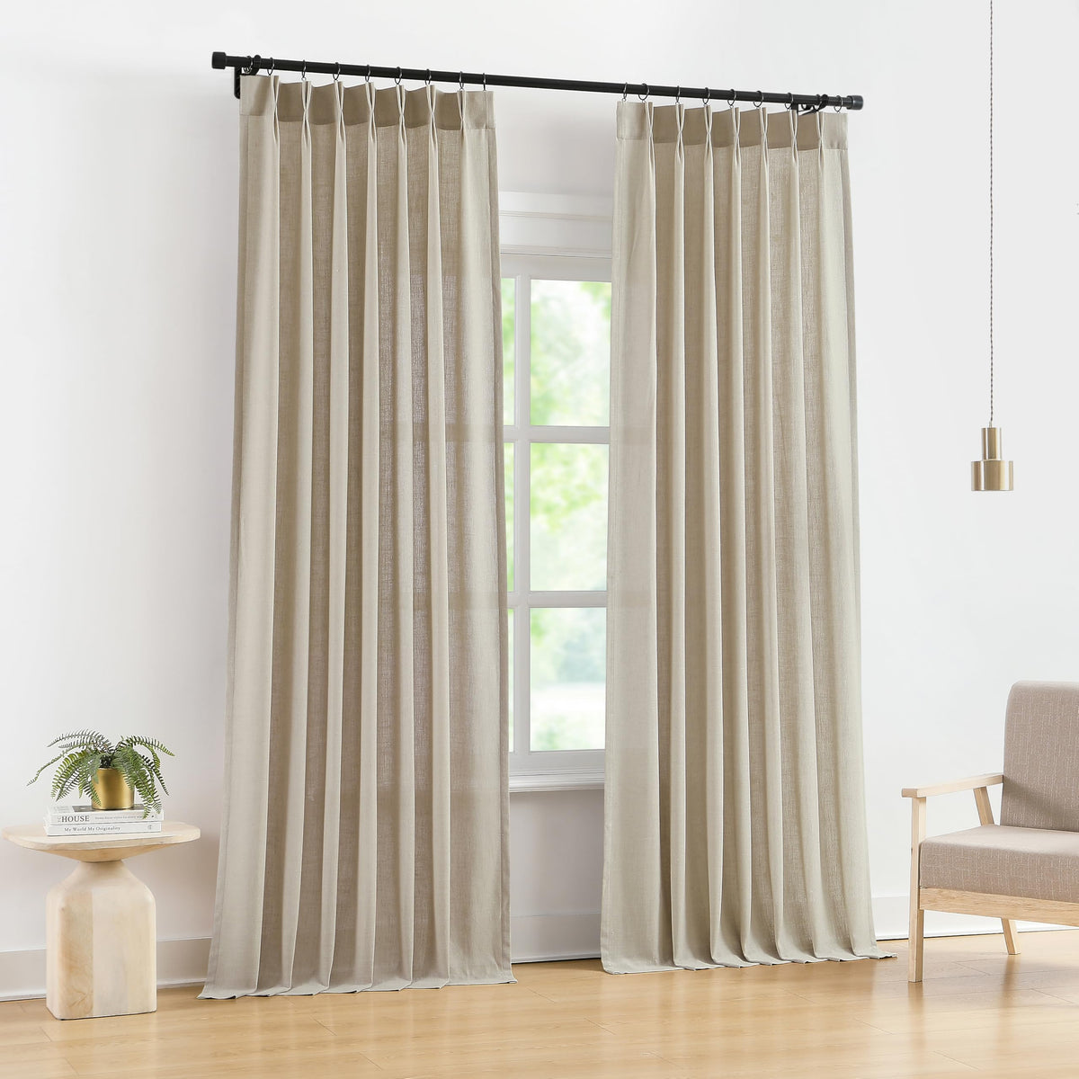 Vision Home Natural Linen Pinch Pleated Semi Sheer Curtains 42Wx90Lx2