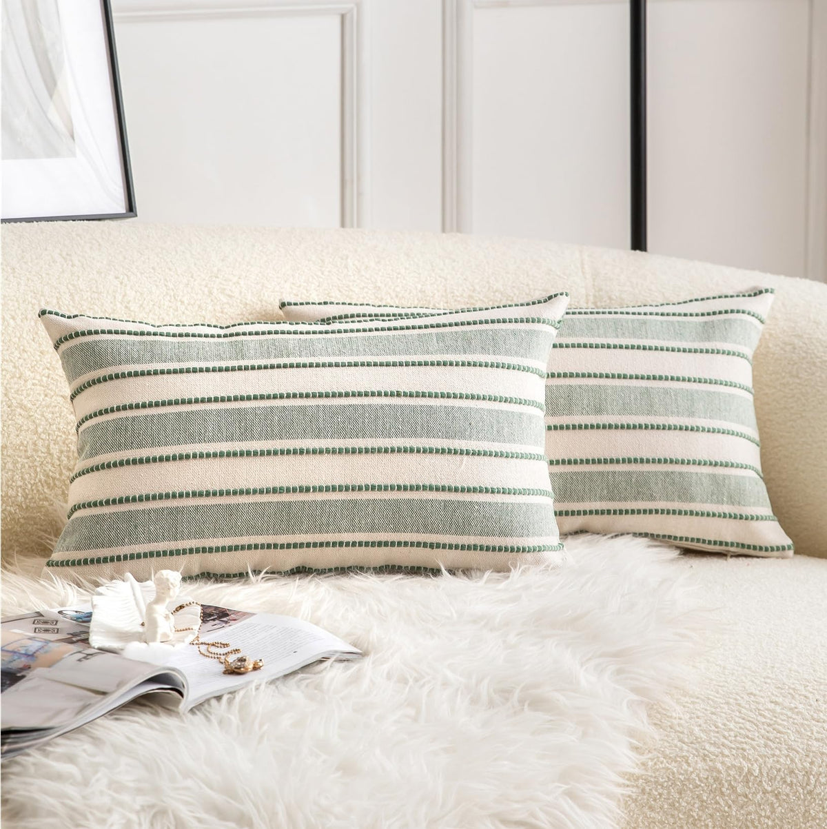 Cethom Decorative Boho Throw Pillow Covers, Farmhouse Textured Pillow Case, 18 x 18 Inch Set of 2, Chair Sofa Bedroom Living Room Home Decor Couch Cushion Case, Classic Blue and Beige Striped