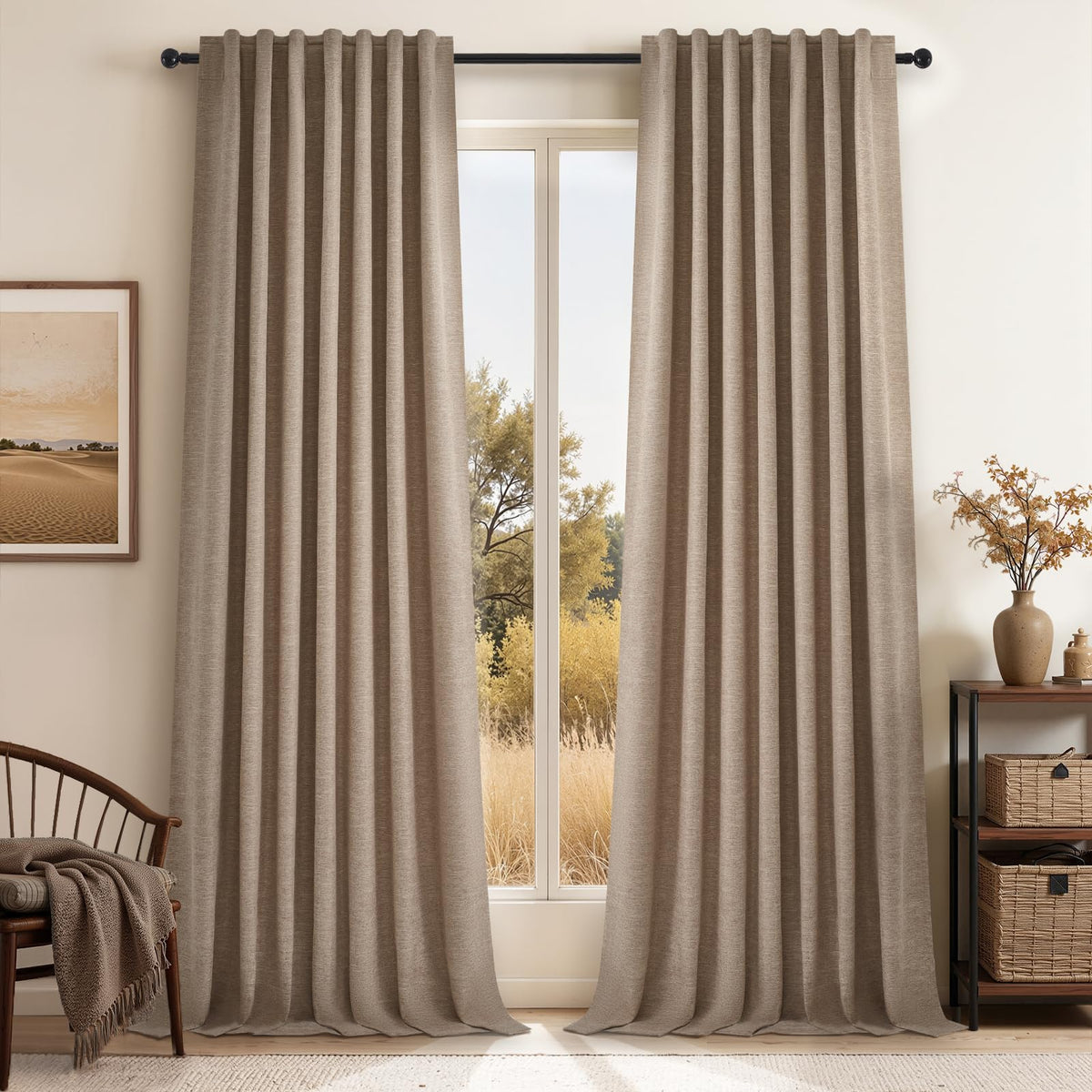 Topfinel Cream Ivory Blackout Curtains & Drapes 84 Inch Length, Beige Pinch Pleat Full Blackout Flax Linen Tab Top Soundproof Curtains with Hooks Rings for Bedroom Living Room Track 2 Panels Set
