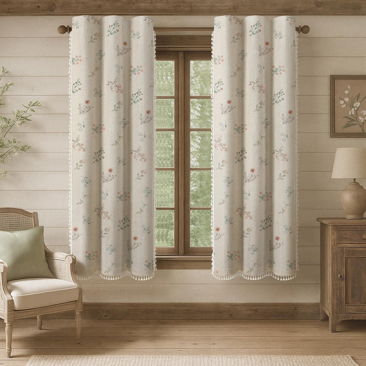Boho Floral 100% Blackout Curtains 84 Inch 2 Panels Linen Texture
