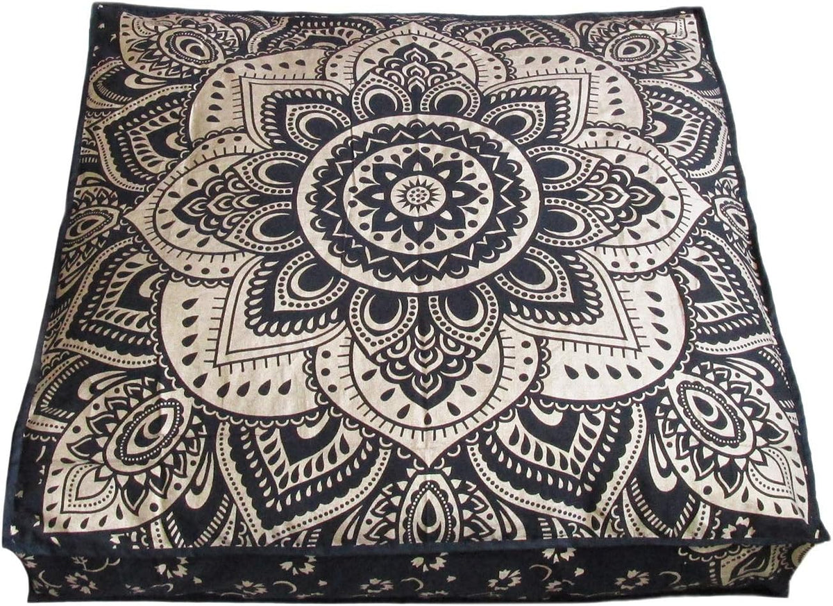 24" Black Gold Flower Mandala Barmeri Large Floor Pillow Cover Cushion Meditation Seating Ottoman Throw Cover Hippie Decorative Zipped Bohemian Pouf Ottoman Pom Pom Cases 24 " square