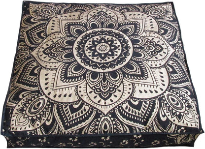 24" Black Gold Flower Mandala Barmeri Large Floor Pillow Cover Cushion Meditation Seating Ottoman Throw Cover Hippie Decorative Zipped Bohemian Pouf Ottoman Pom Pom Cases 24 " square