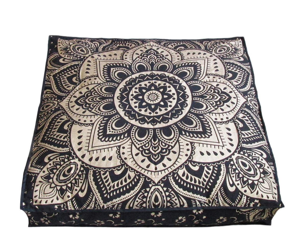 24" Black Gold Flower Mandala Barmeri Large Floor Pillow Cover Cushion Meditation Seating Ottoman Throw Cover Hippie Decorative Zipped Bohemian Pouf Ottoman Pom Pom Cases 24 " square