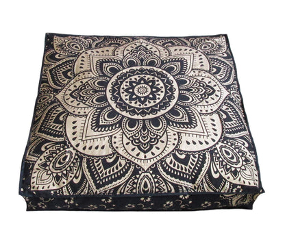 24" Black Gold Flower Mandala Barmeri Large Floor Pillow Cover Cushion Meditation Seating Ottoman Throw Cover Hippie Decorative Zipped Bohemian Pouf Ottoman Pom Pom Cases 24 " square