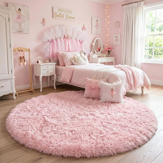 Amdrebio Pink Circle Round Fluffy Area Rug 4Ft for Girls Bedroom Kids Room