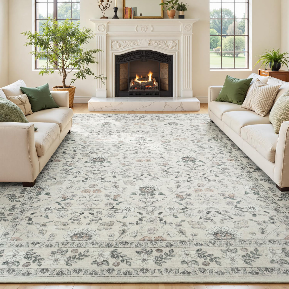 Sage Green 8x10 Area Rug for Living Room, Vintage Boho Large Carpet