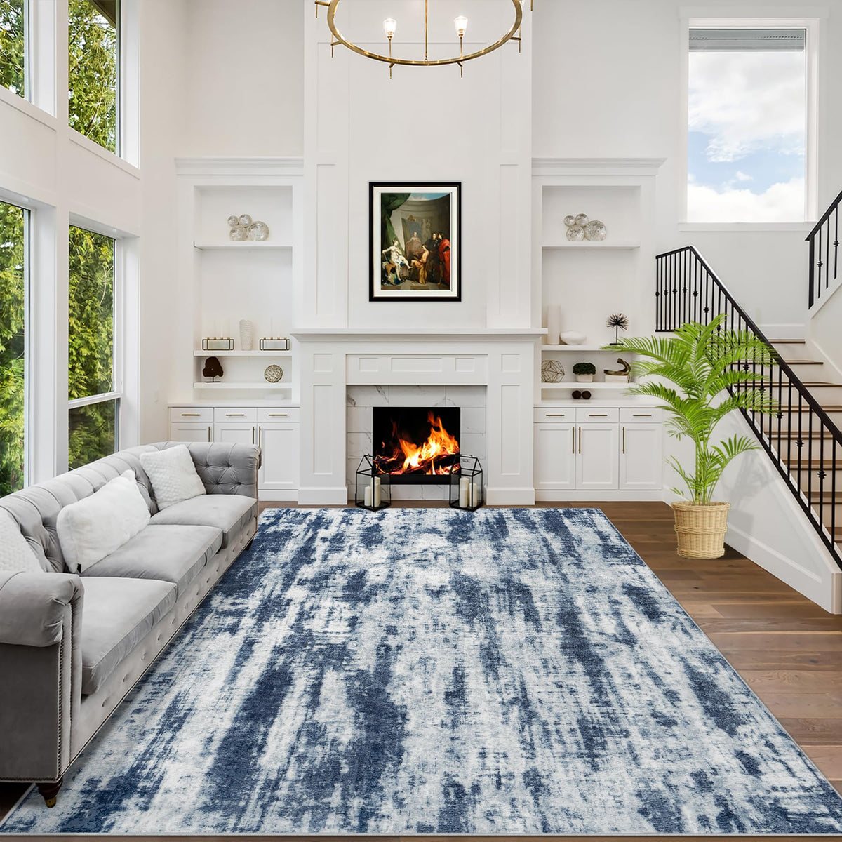8x10 Area Rugs for Living Room: Washable Abstract Black Grey Gold Carpet