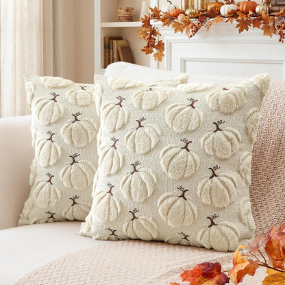 Artscope Fall Pumpkin Throw Pillow Covers 18x18 Set of 2, Autumn Soft Plush Faux Fur Decoration Cushion Covers for Thanksgiving Holiday Couch Sofa Bedroom Home Decor-Mustard Yellow