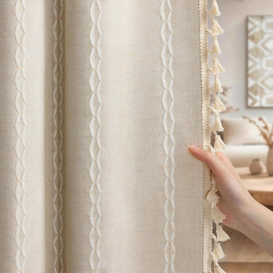 Boho 100% Blackout Curtains 84 Inch 2 Panels Linen Blend Beige