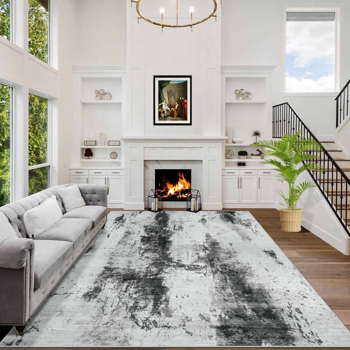 8x10 Area Rugs for Living Room: Washable Abstract Black Grey Gold Carpet