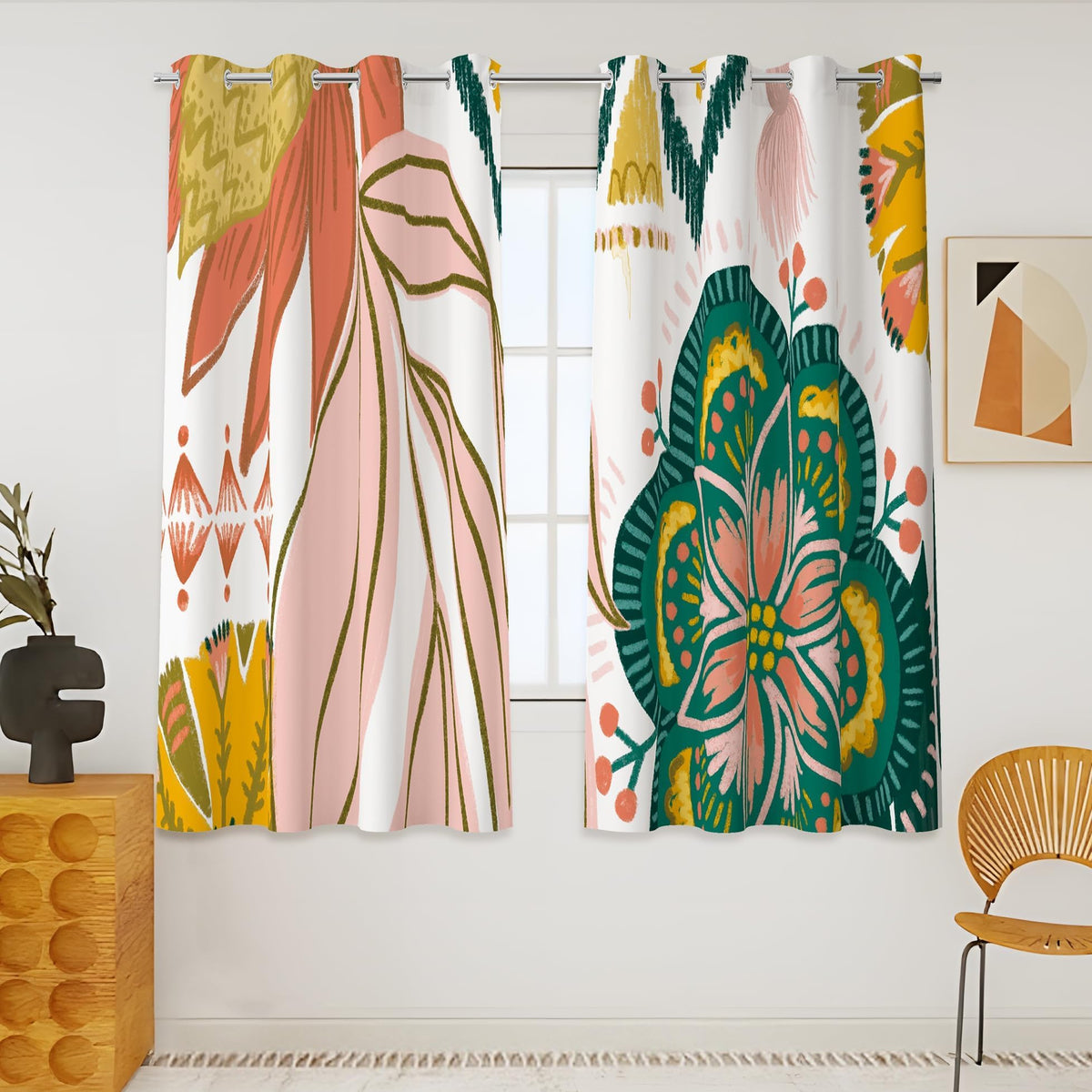 Tyrot Black Boho Floral Grommet Blackout Curtains, 52W x 84L, 2 Panels
