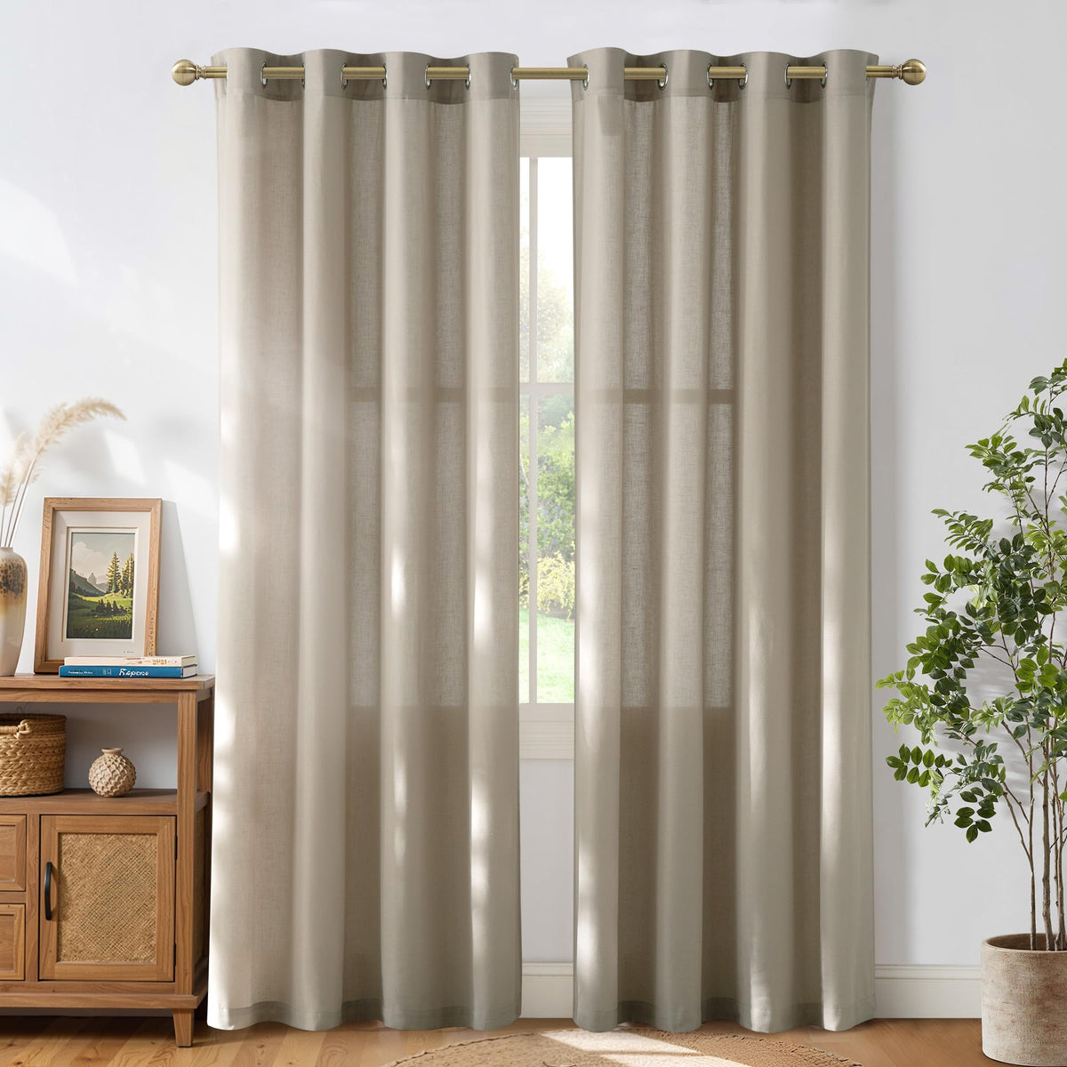 NICETOWN Natural Linen Curtains 84 inch Long 2 Panels Set, Grommet Top Thick Linen Burlap Semi Sheer Vertical Drapes Privacy Assured with Light Filtering for Bedroom/Living Room, W55 x L84