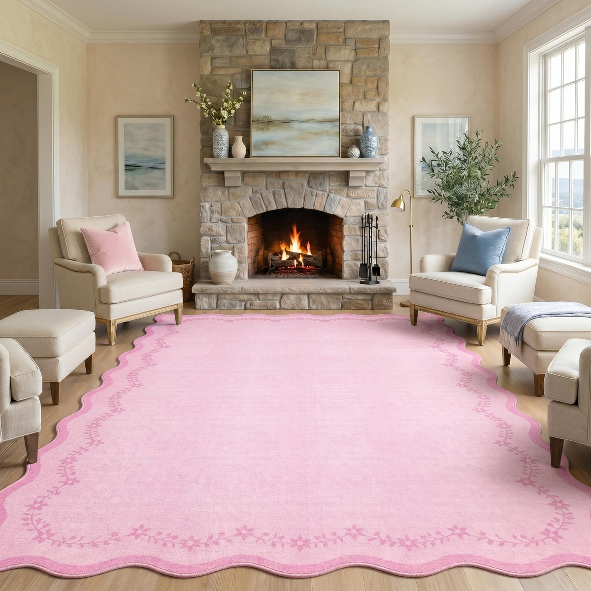 GarveeHome 5x7 Scalloped Area Rug Jute Washable Bedroom Living Room Rug