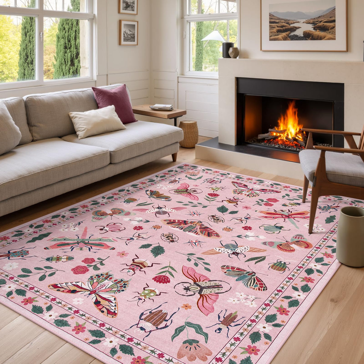 Lahome Bug Washable Area Rugs 5x7, Soft Green Rug for Living Room Bedroom
