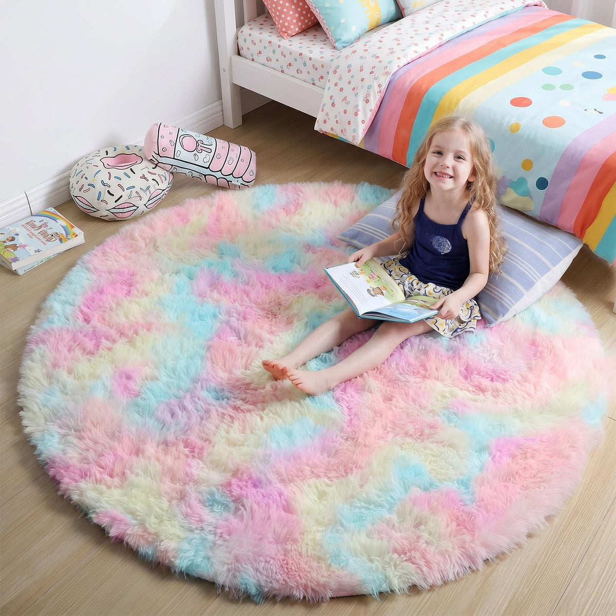 Amdrebio Pink Circle Round Fluffy Area Rug 4Ft for Girls Bedroom Kids Room