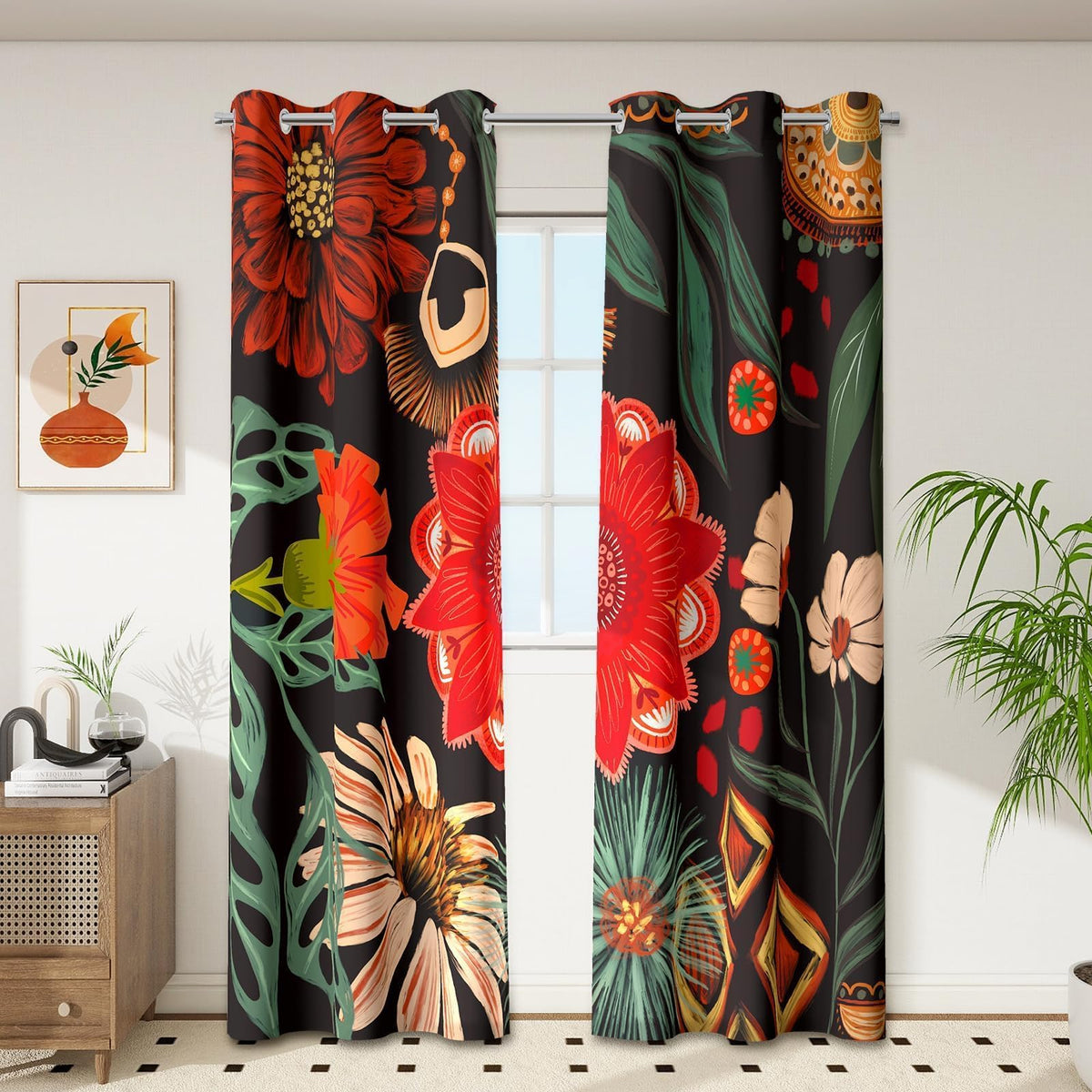 Tyrot Black Boho Floral Grommet Blackout Curtains, 52W x 84L, 2 Panels
