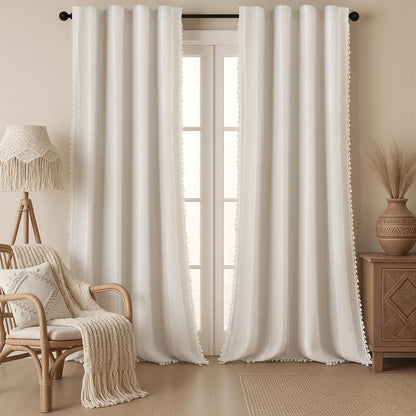 Boho 100% Blackout Curtains 84 Inch 2 Panels Linen Blend Beige