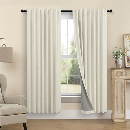 100% Blackout Curtains 84 Inch Length 2 Panels Set Neutral Boho Linen Farmhouse for Bedroom Windows Living Room Darkening Thermal Insulated Drapes Natural Cream Ivory 7ft Long Back Tab Pleated Pocket