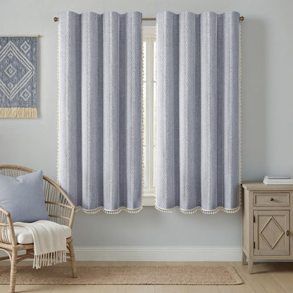 Boho 100% Blackout Curtains 84 Inch 2 Panels Linen Blend Beige