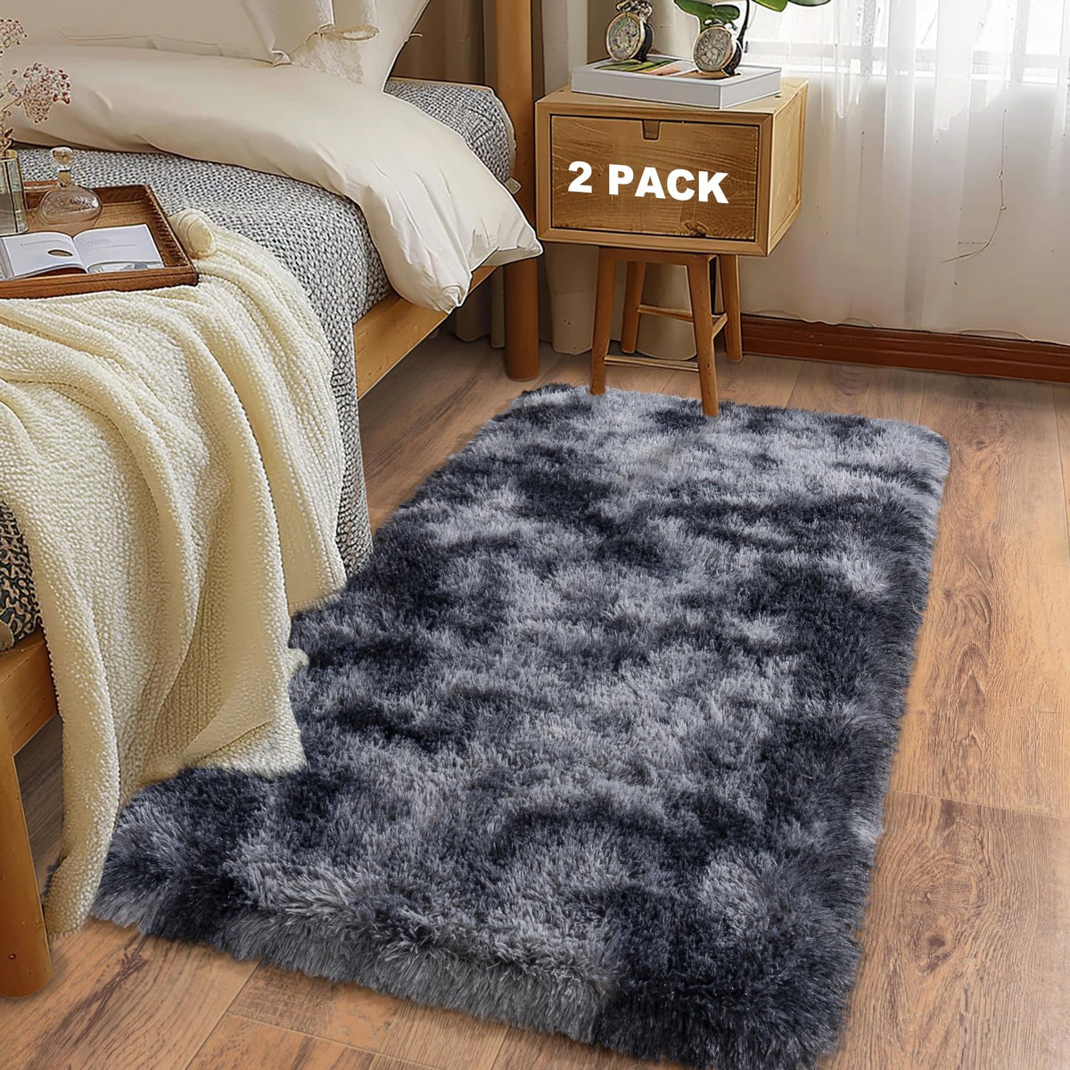 Ultra Soft Runner Rugs for Bedroom Hallways with Upgraded Non-Slip Rubber Backing & Thick Memory Sponge, 2x6 Feet Fluffy Shag Throw Area Rug for Bedside Dorm Dark Grey