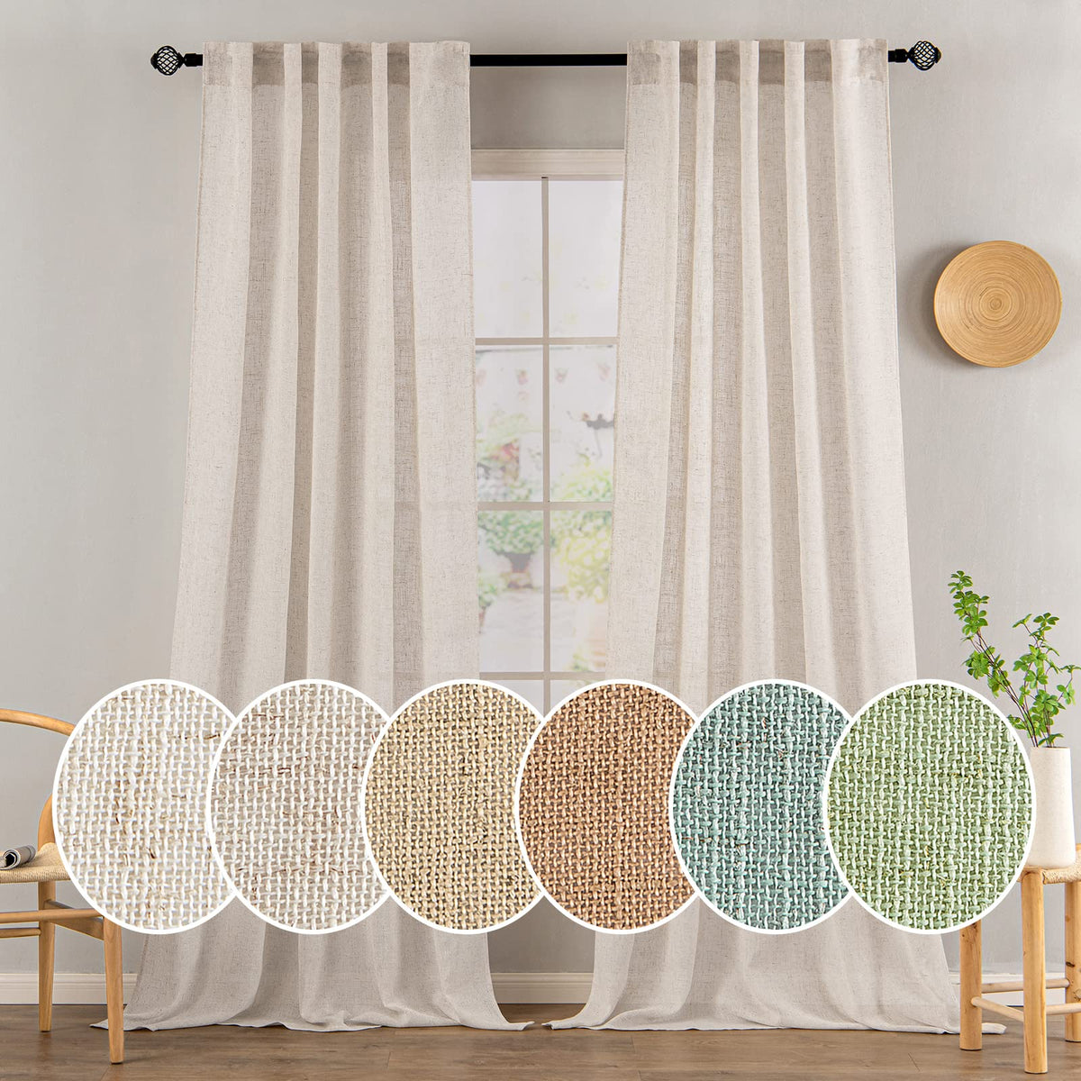 MIULEE Natural White Linen Curtains 52x84 Inch Long for Bedroom Living Room