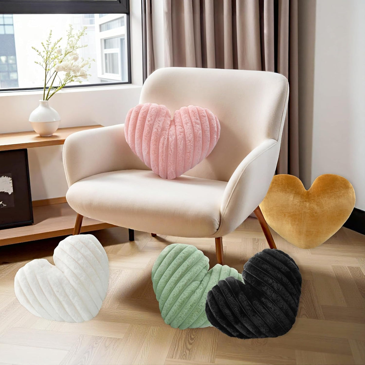 16 Inch White Heart Pillow Cute Fluffy Decorative Throw Pillows for Bed
