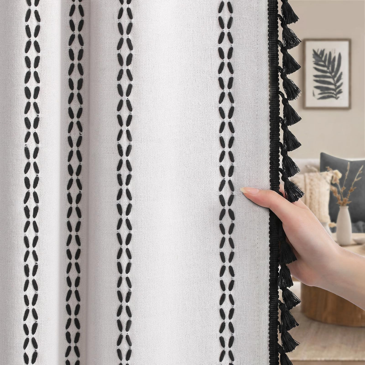 Boho 100% Blackout Curtains 84 Inch 2 Panels Linen Blend Beige