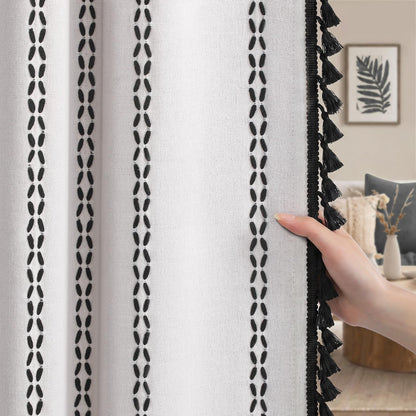 Boho 100% Blackout Curtains 84 Inch 2 Panels Linen Blend Beige