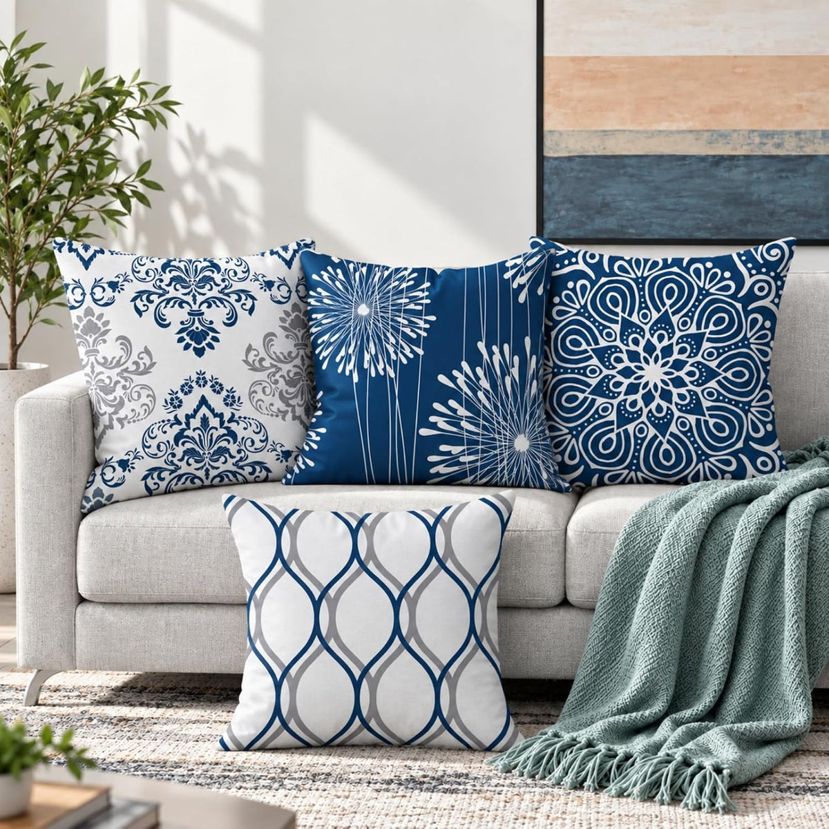 Coliuso Decorative Throw Pillow Covers 18x18 Set of 4, Blue Modern Simple Square Pillow Case Cushion Cover for Sofa Couch Farmhouse Outdoor Living Room (Blue, 18"x18")