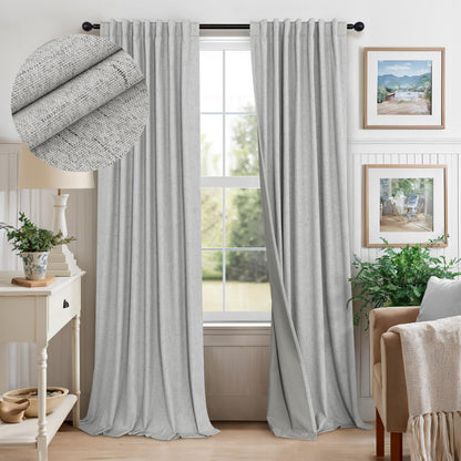 100% Blackout Curtains 84 Inch Length 2 Panels Set Neutral Boho Linen Farmhouse for Bedroom Windows Living Room Darkening Thermal Insulated Drapes Natural Cream Ivory 7ft Long Back Tab Pleated Pocket
