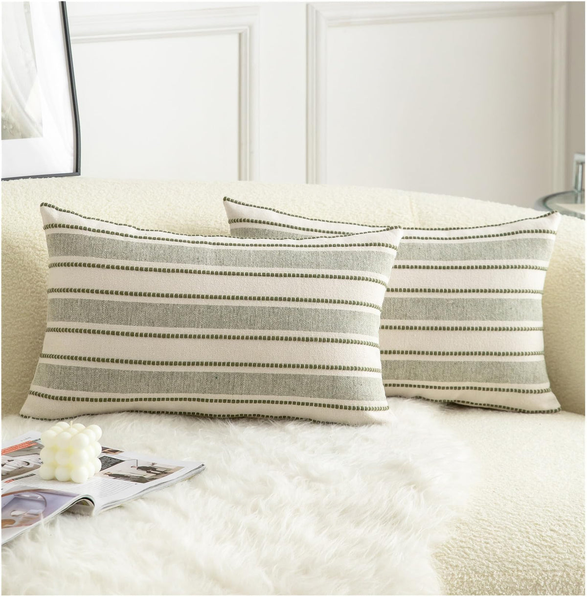 Cethom Decorative Boho Throw Pillow Covers, Farmhouse Textured Pillow Case, 18 x 18 Inch Set of 2, Chair Sofa Bedroom Living Room Home Decor Couch Cushion Case, Classic Blue and Beige Striped