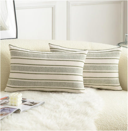 Cethom Decorative Boho Throw Pillow Covers, Farmhouse Textured Pillow Case, 18 x 18 Inch Set of 2, Chair Sofa Bedroom Living Room Home Decor Couch Cushion Case, Classic Blue and Beige Striped