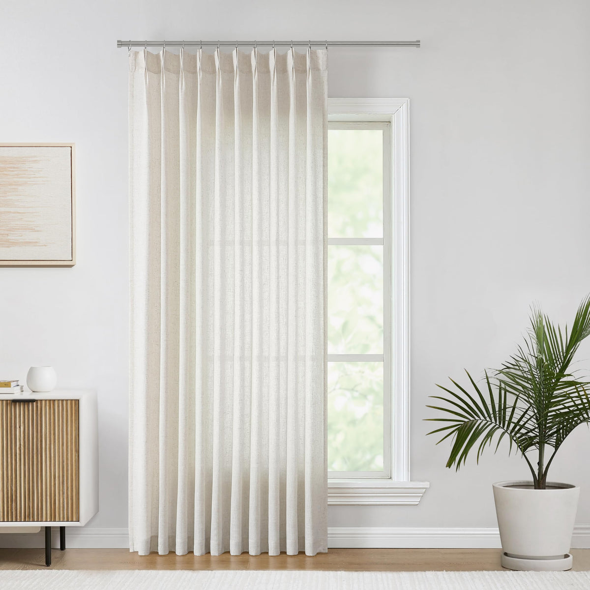 Vision Home Natural Linen Pinch Pleated Semi Sheer Curtains 42Wx90Lx2