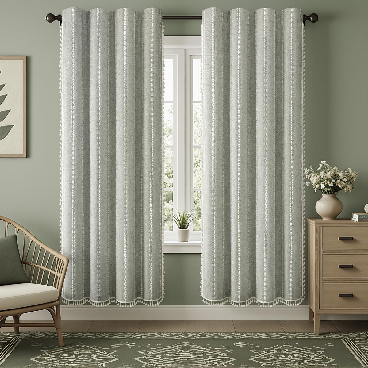 Boho 100% Blackout Curtains 84 Inch 2 Panels Linen Blend Beige