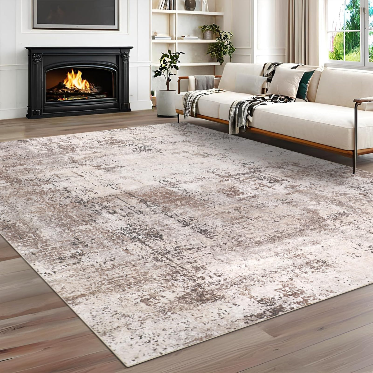 famibay 5x8 Area Rug, Abstract Washable Rugs for Living Room Low Pile Neutral Area Rug for Bedroom Aesthetic Non Slip Rubber Backed Carpet Rugs for Living Room Bedroom Dining Room(Beige/Camel)