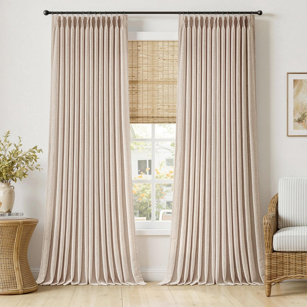 MIULEE Pinch Pleated Linen Curtains 90 Inches Long 2 Panels Natural
