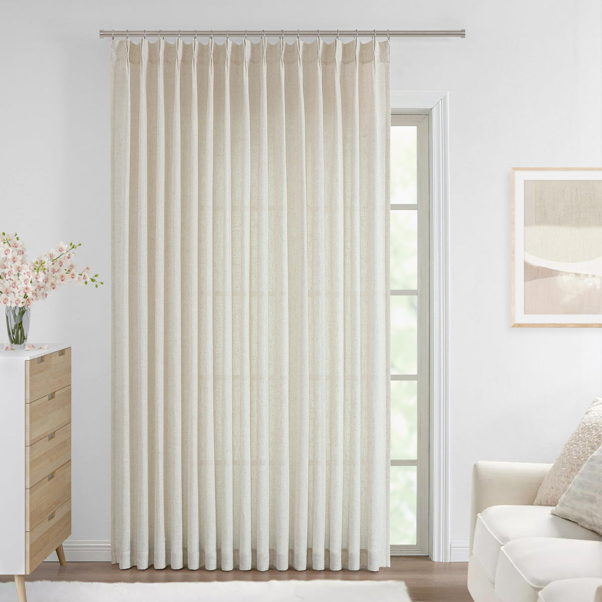 Vision Home Natural Linen Pinch Pleated Semi Sheer Curtains 42Wx90Lx2