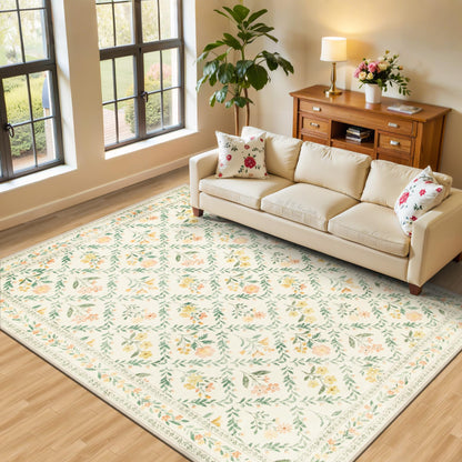 PLHXFR 8x10 Area Rug Living Room: Floral Washable Boho Carpet Dark Green
