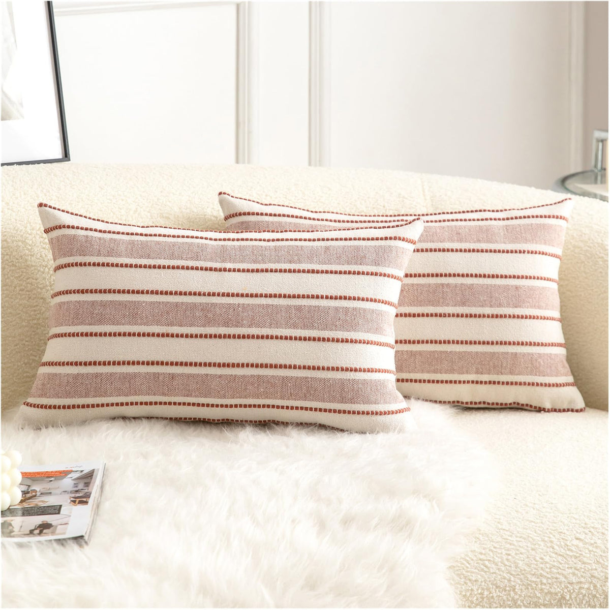 Cethom Decorative Boho Throw Pillow Covers, Farmhouse Textured Pillow Case, 18 x 18 Inch Set of 2, Chair Sofa Bedroom Living Room Home Decor Couch Cushion Case, Classic Blue and Beige Striped